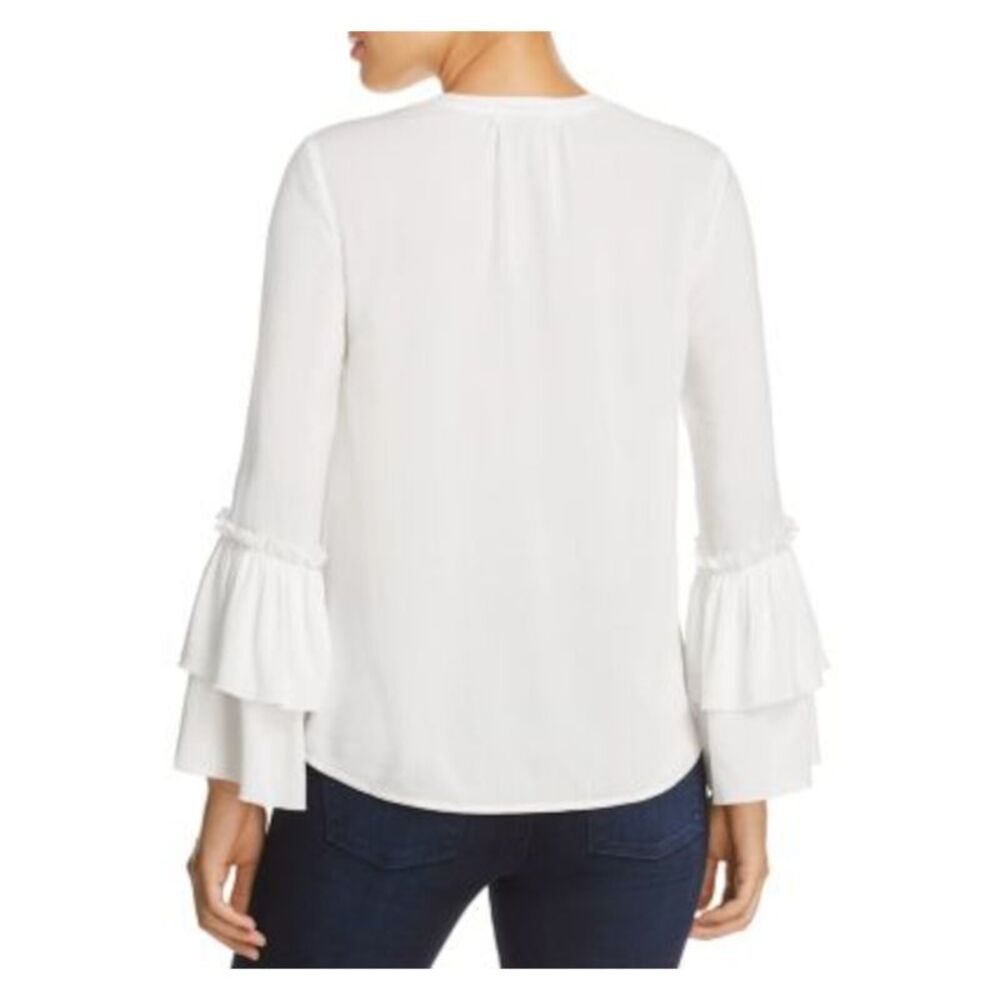 DESIGN HISTORY Womens Ivory Ruffled Curved Hem Bell Sleeve Split Blouse L - Picture 2 of 2